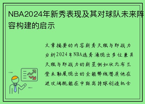 NBA2024年新秀表现及其对球队未来阵容构建的启示