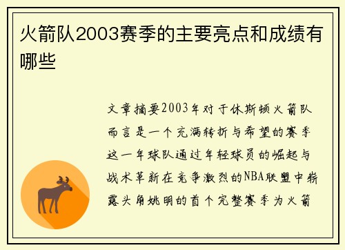 火箭队2003赛季的主要亮点和成绩有哪些