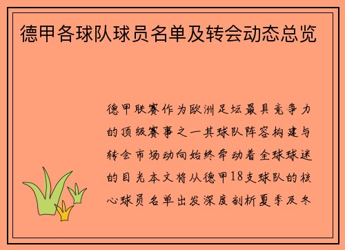 德甲各球队球员名单及转会动态总览